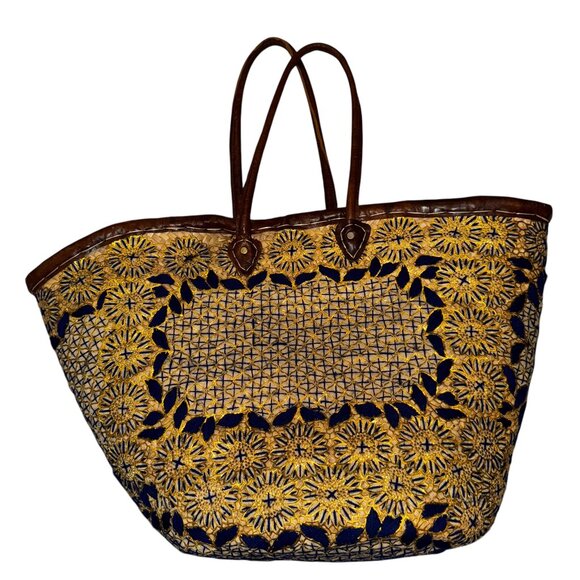 Large Artisan-Crafted Woven Embroidered & Leather Trim Tote Bag in Blue… - Picture 3 of 8